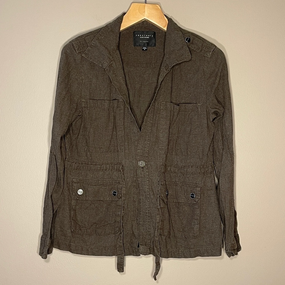 Anthropologie Sanctuary Womens Olive Green Linen Blend  Shacket Utility Chic